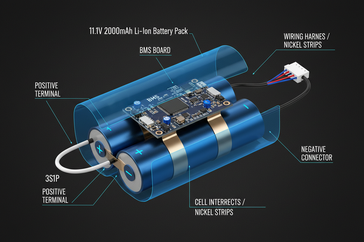 11.1V 2000mAh 18650 Li-Ion Battery Pack 3S1P - Uttam Robotics