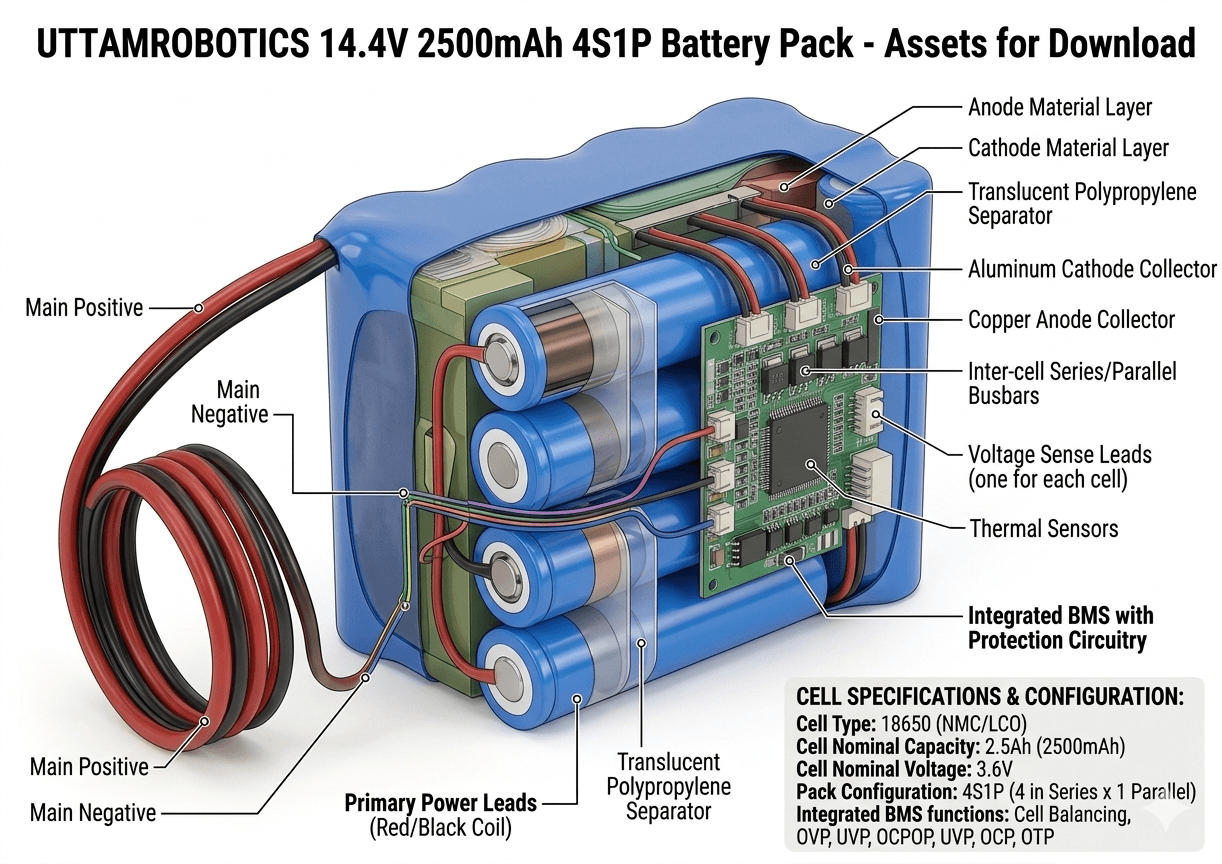 14.4V 2500mAh Lithium-Ion Battery Pack (4S1P) - Uttam Robotics
