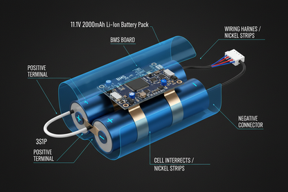 11.1V 2000mAh 18650 Li-Ion Battery Pack 3S1P - Uttam Robotics