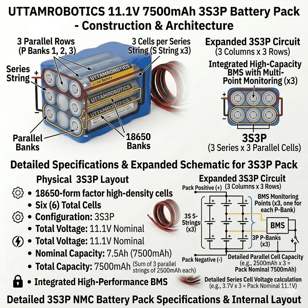 11.1V 7500mAh Lithium-Ion Rechargeable Battery Pack (3S3P) - Uttam Robotics