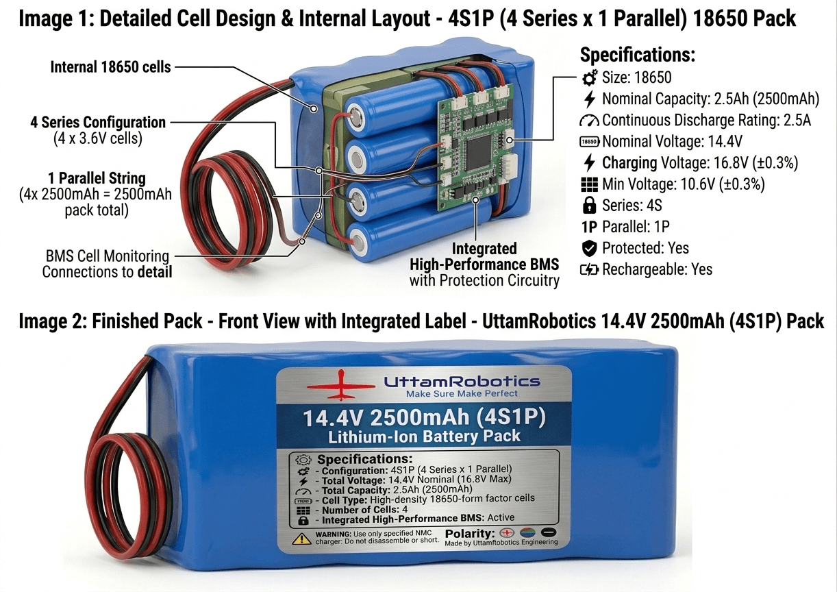 14.4V 2500mAh Lithium-Ion Battery Pack (4S1P) - Uttam Robotics