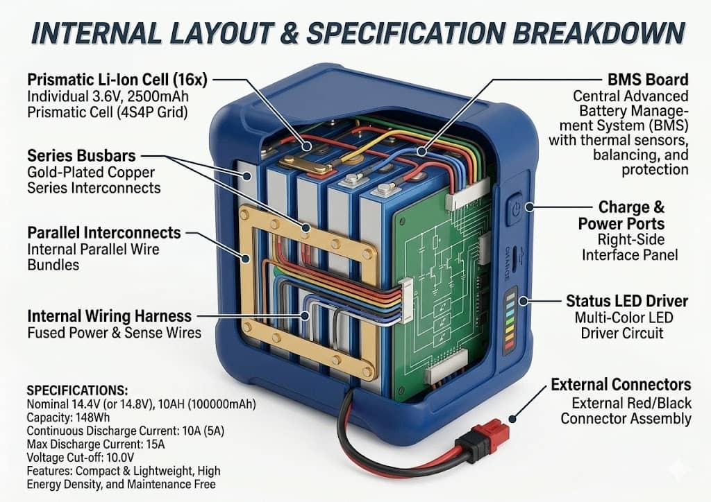 14.4V 10Ah (4S4P) Lithium-Ion Battery Pack - Uttam Robotics