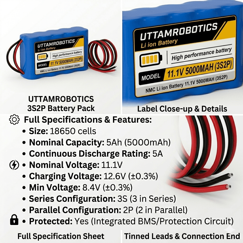 11.1V 5000mAh Lithium-Ion Battery Pack (3S2P) - Uttam Robotics