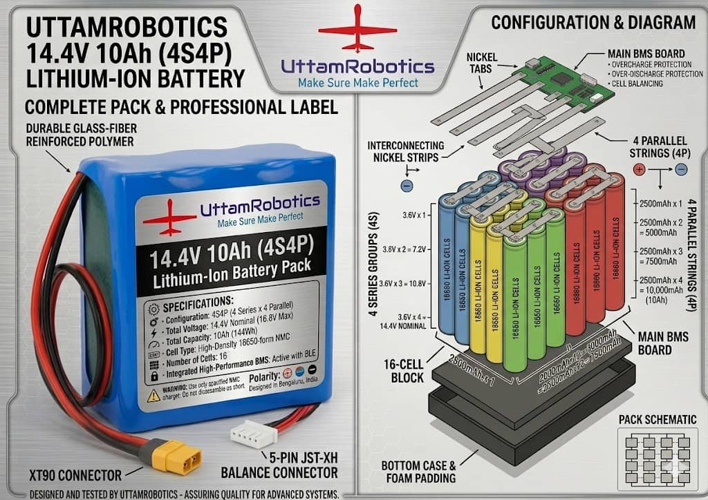 14.4V 10Ah (4S4P) LITHIUM-ION RECHARGEABLE BATTERY - Uttam Robotics