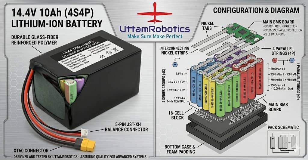 14.4V 10Ah (4S4P) LITHIUM-ION RECHARGEABLE BATTERY - Uttam Robotics
