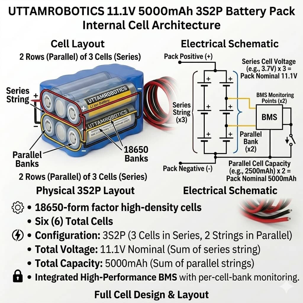 11.1V 5000mAh Lithium-Ion Battery Pack (3S2P) - Uttam Robotics