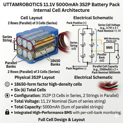 11.1V 5000mAh Lithium-Ion Battery Pack (3S2P) - Uttam Robotics