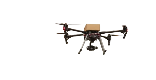Uttam Robotics black quadcopter delivery drone carrying a package with a camera mounted below